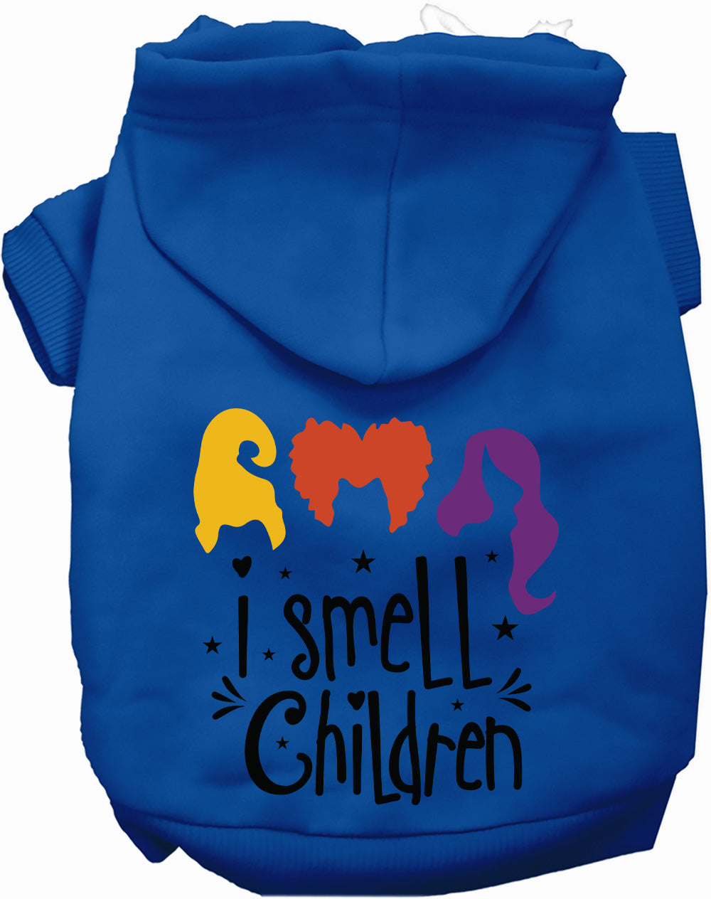 Dark blue I Smell Children pet hoodie with colorful design