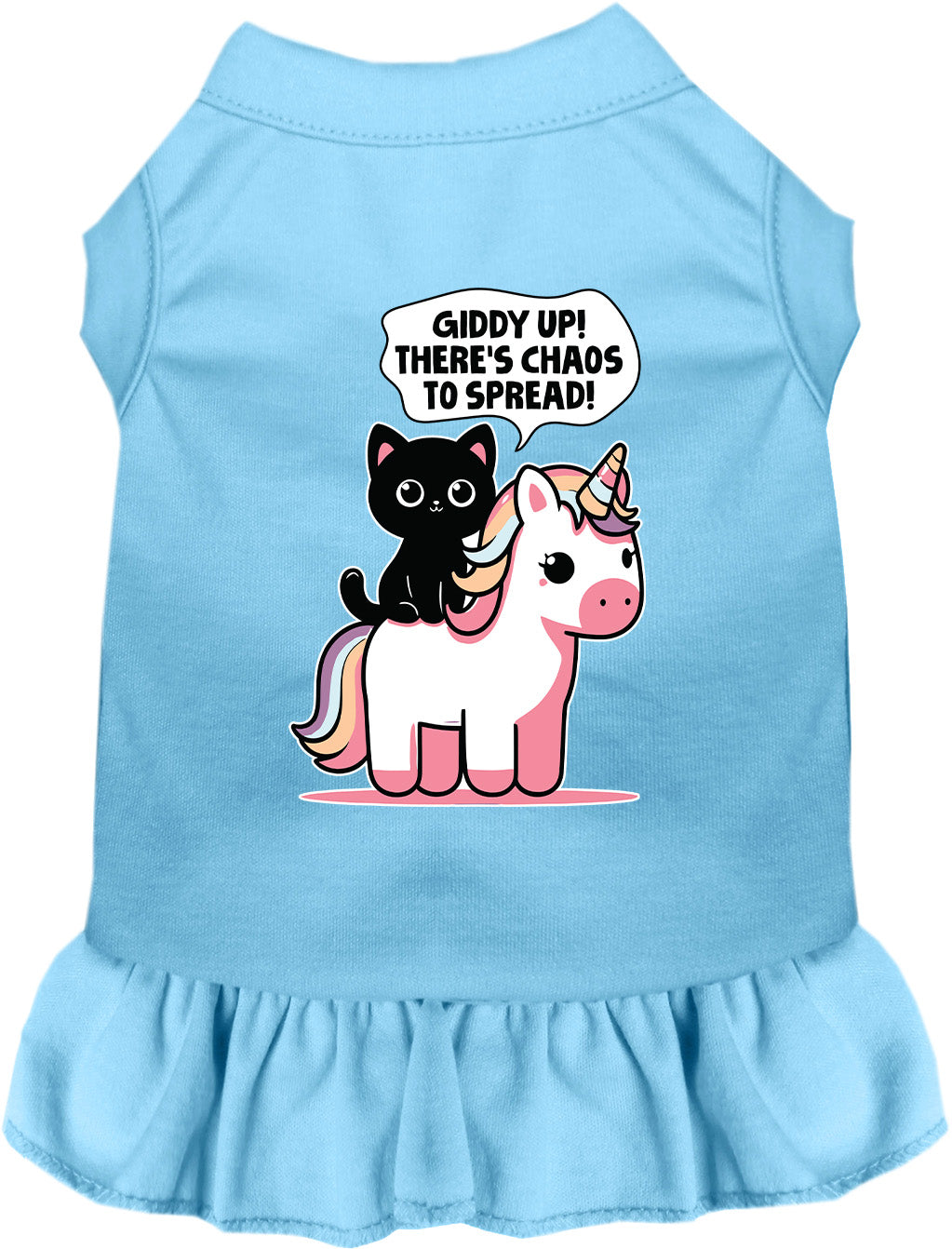 Blue pet dress with cat and unicorn design
