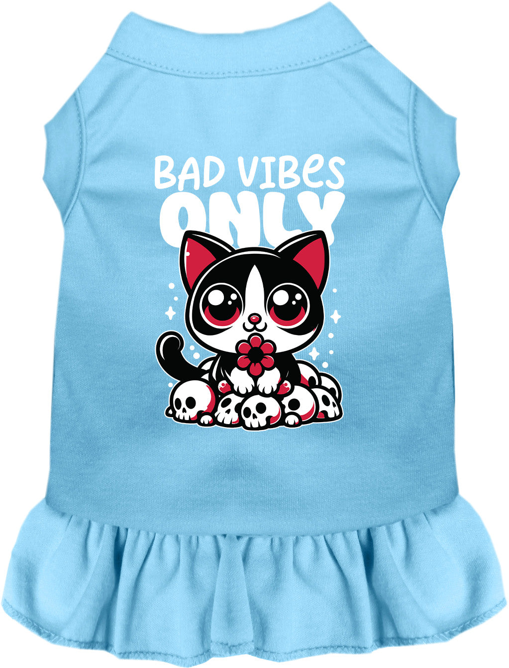 Blue Bad Vibes Only pet dress with cat design