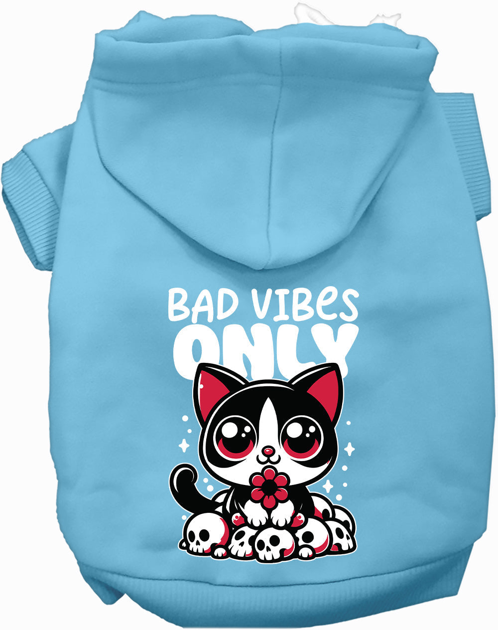 Light blue Bad Vibes Only pet hoodie with cute cat design
