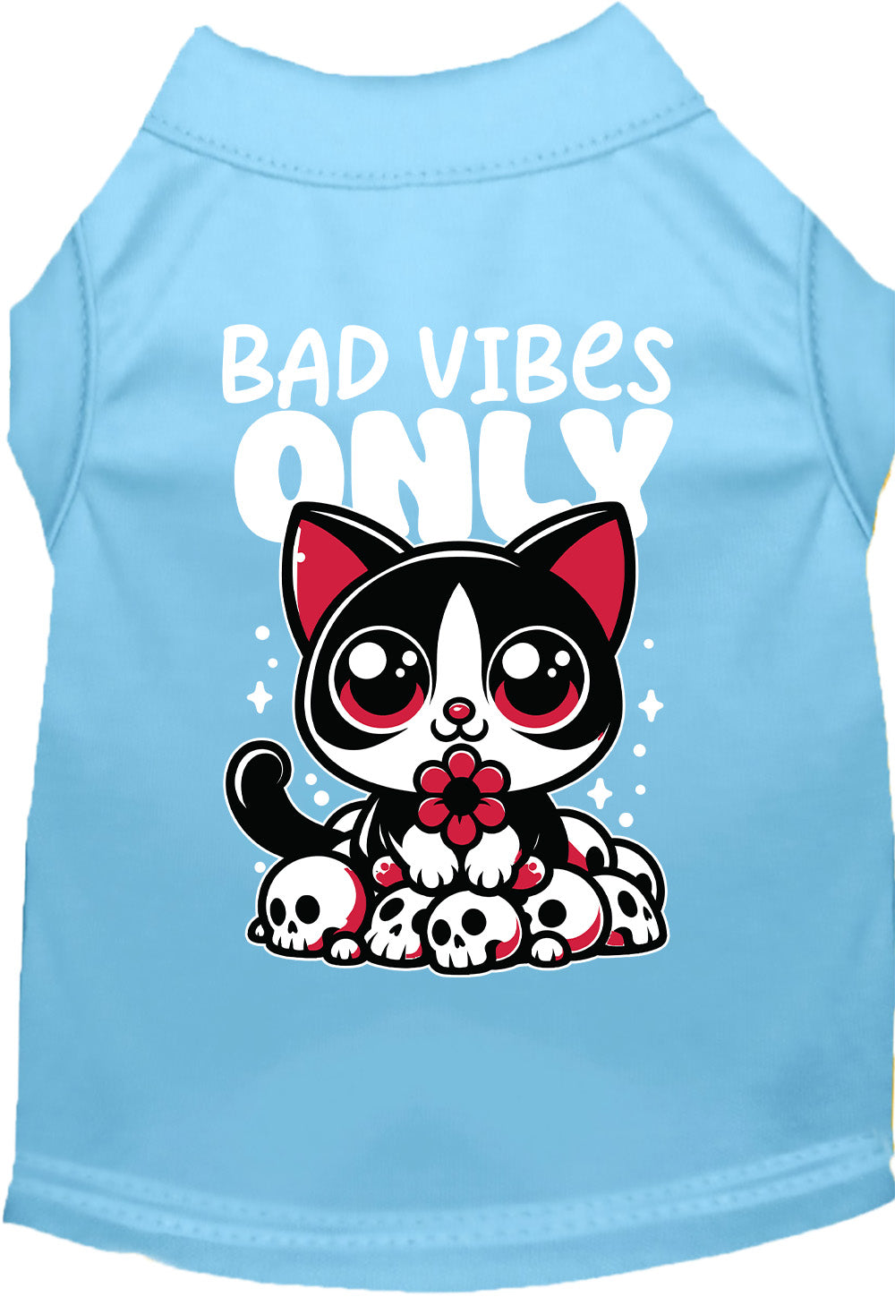 Light blue pet shirt with 'Bad Vibes Only' design