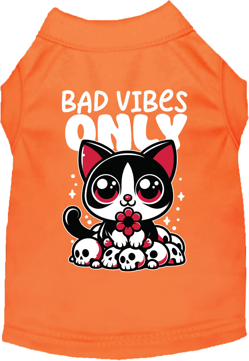 Orange pet shirt with 'Bad Vibes Only' design