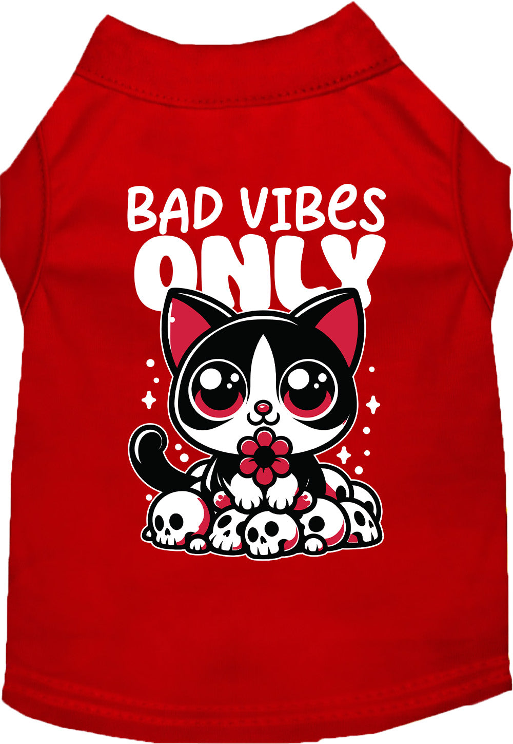 Red pet shirt with 'Bad Vibes Only' design