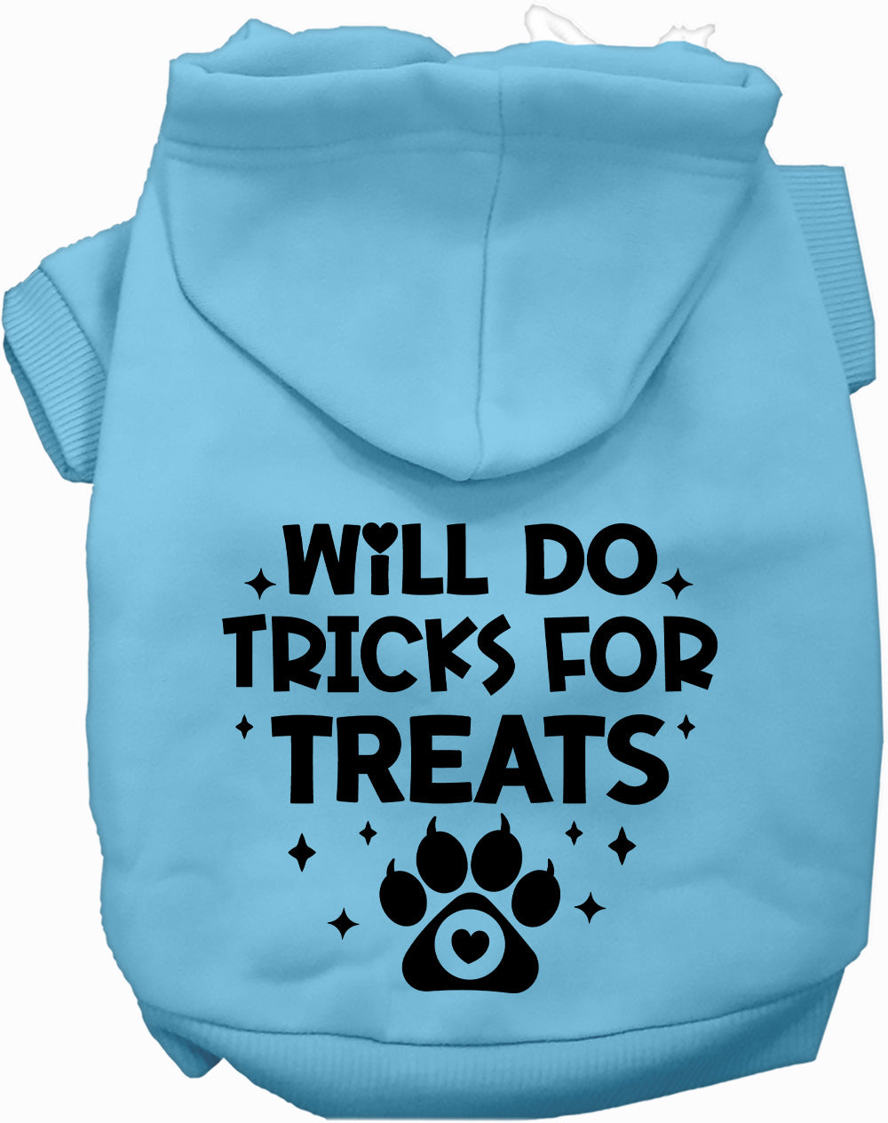 Light blue pet hoodie with 'Will Do Tricks for Treats' design