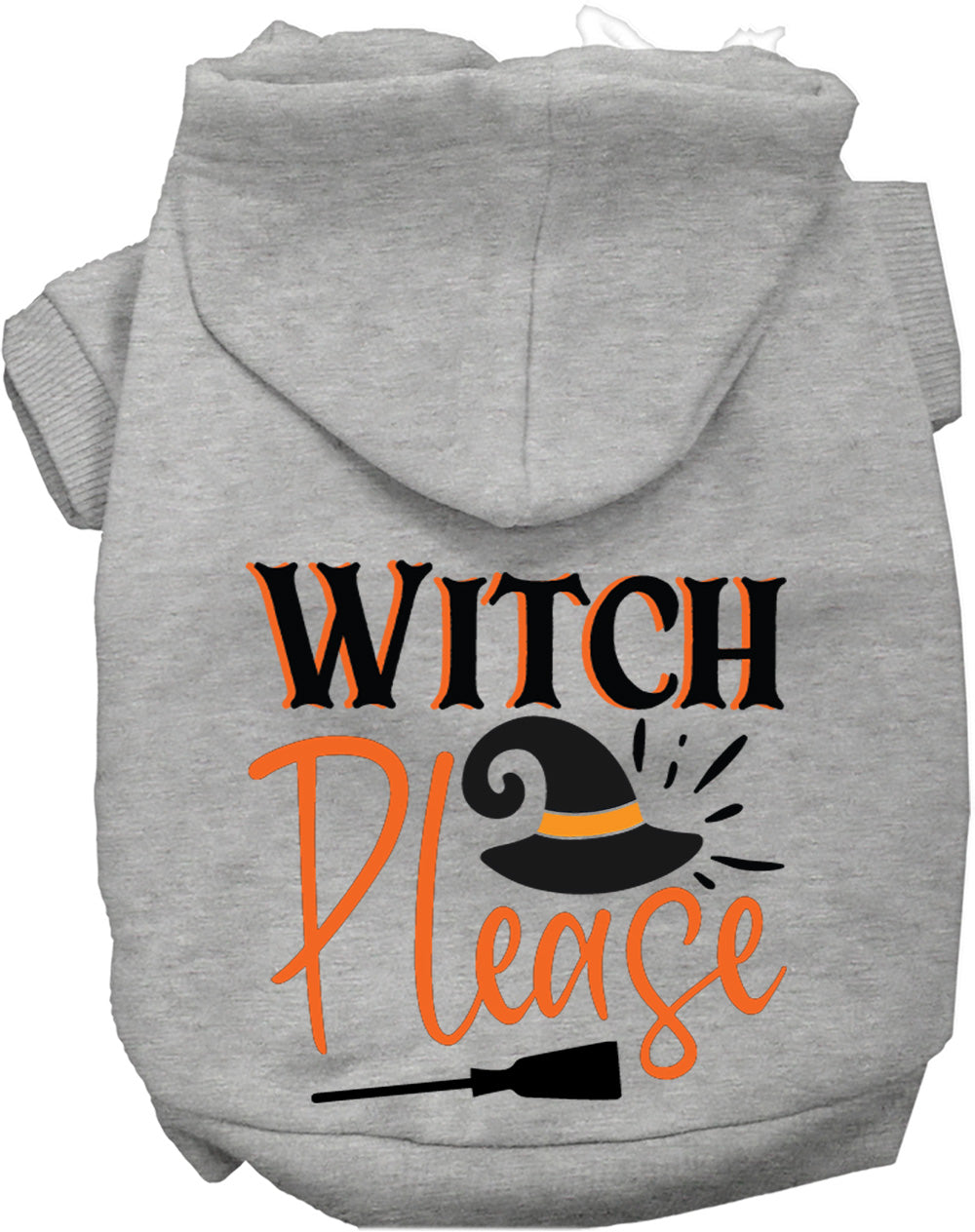 Gray Witch Please pet hoodie with witch hat design