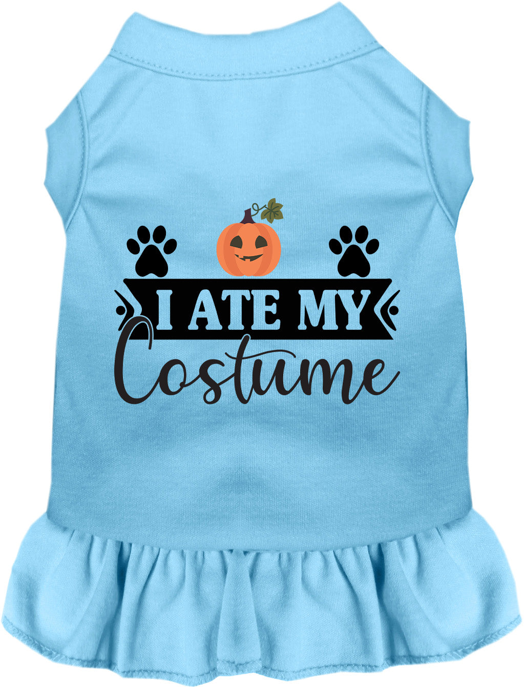 Blue 'I Ate My Costume' pet dress with pumpkin design