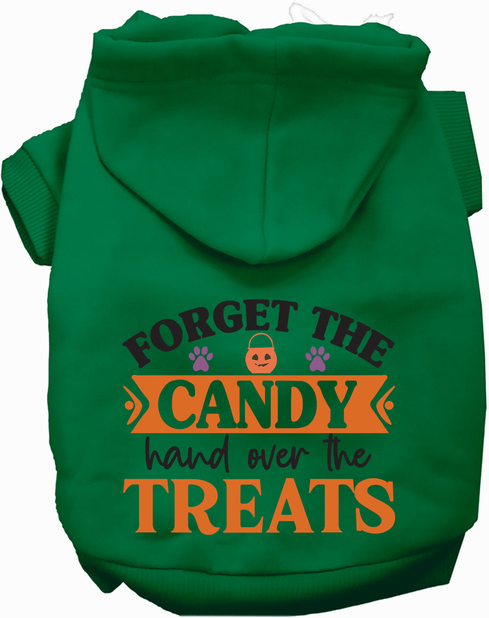 Green pet hoodie with 'Forget the Candy' design