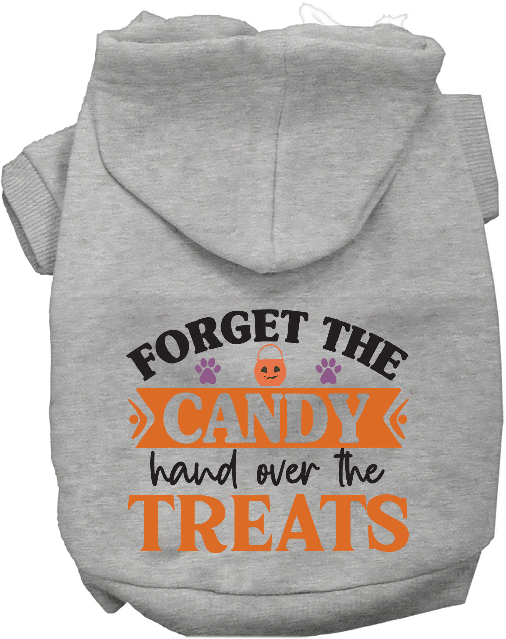 Gray pet hoodie with 'Forget the Candy' design