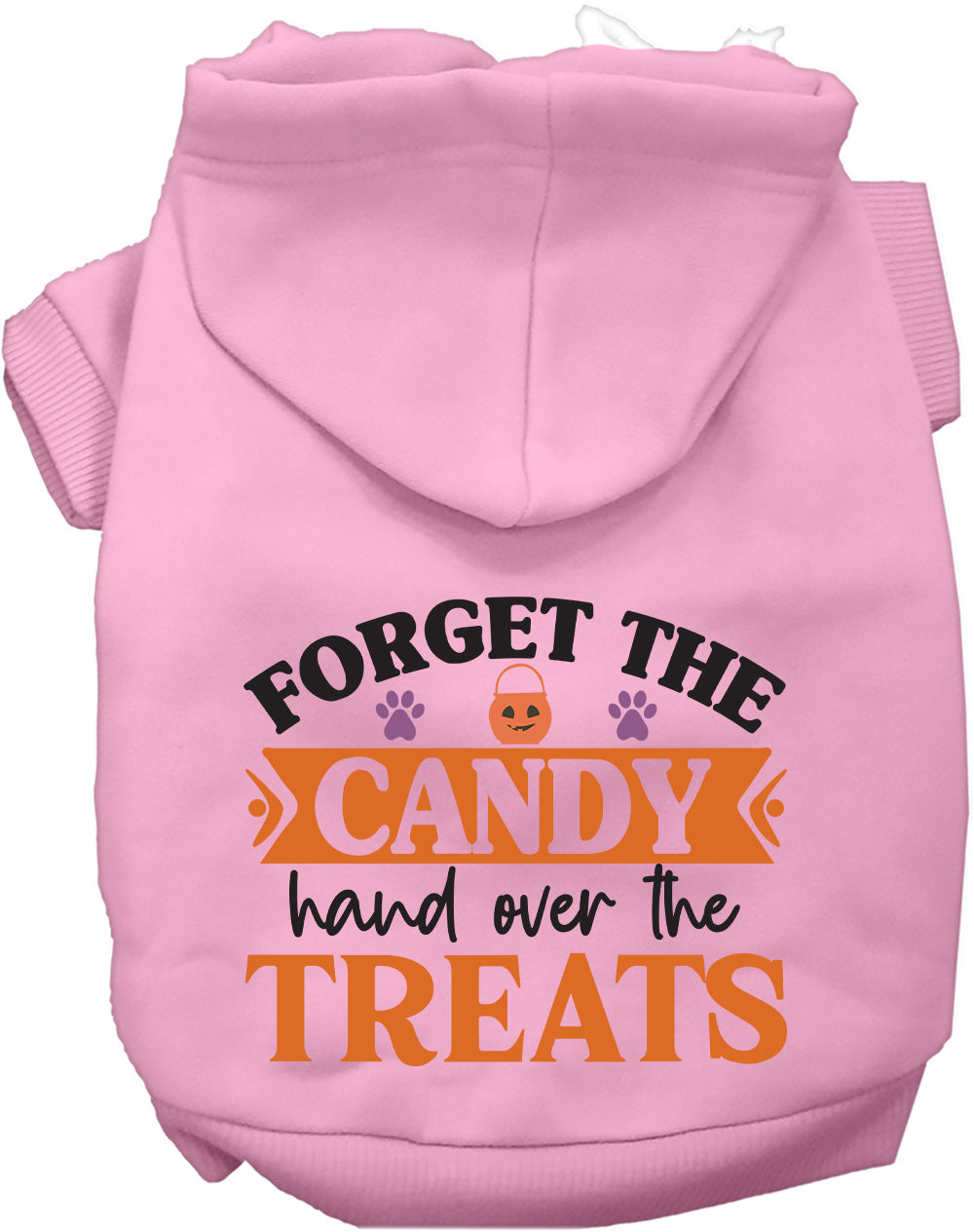 Light pink pet hoodie with 'Forget the Candy' design