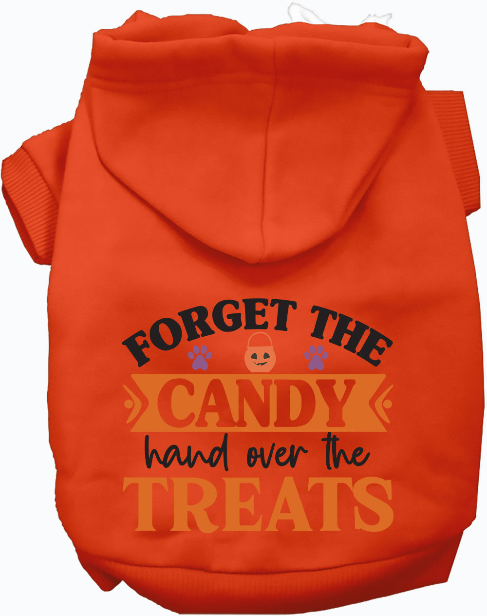Orange pet hoodie with 'Forget the Candy' design