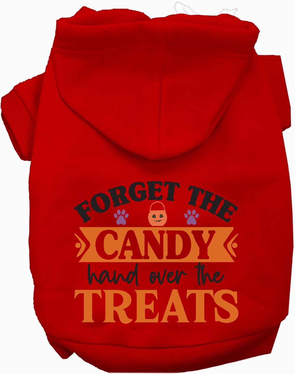 Red pet hoodie with 'Forget the Candy' design