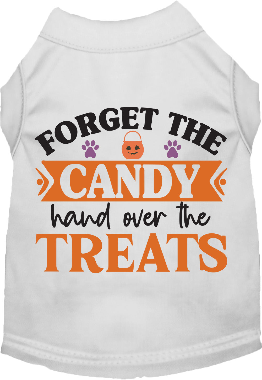 White pet shirt with 'Forget the Candy' Halloween design