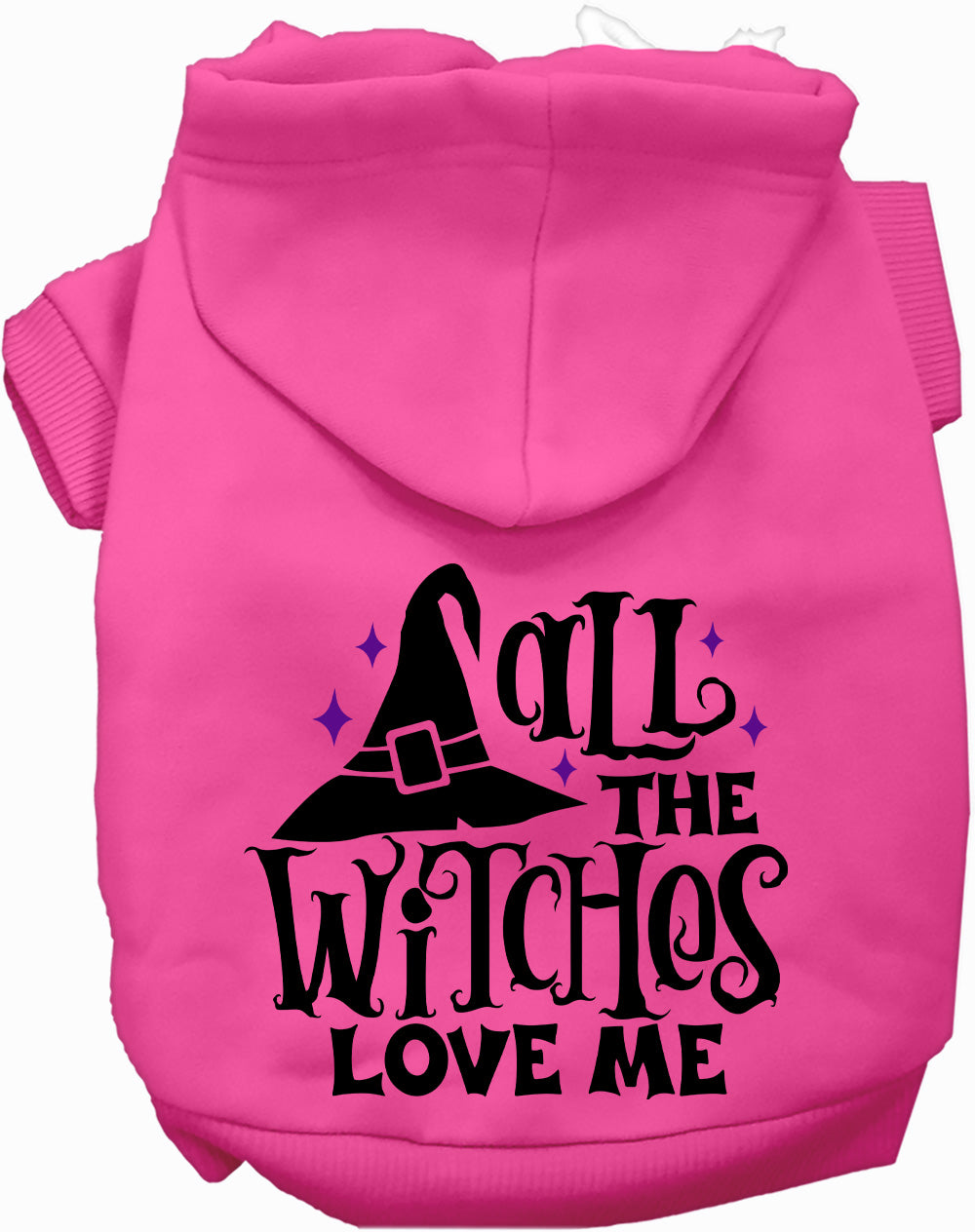 Pink pet hoodie with 'All the Witches Love Me!' design