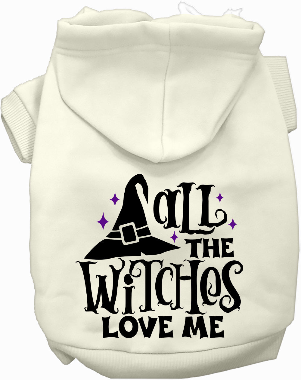 White pet hoodie with 'All the Witches Love Me!' design