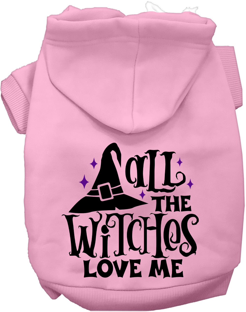 Light pink pet hoodie with 'All the Witches Love Me!' design