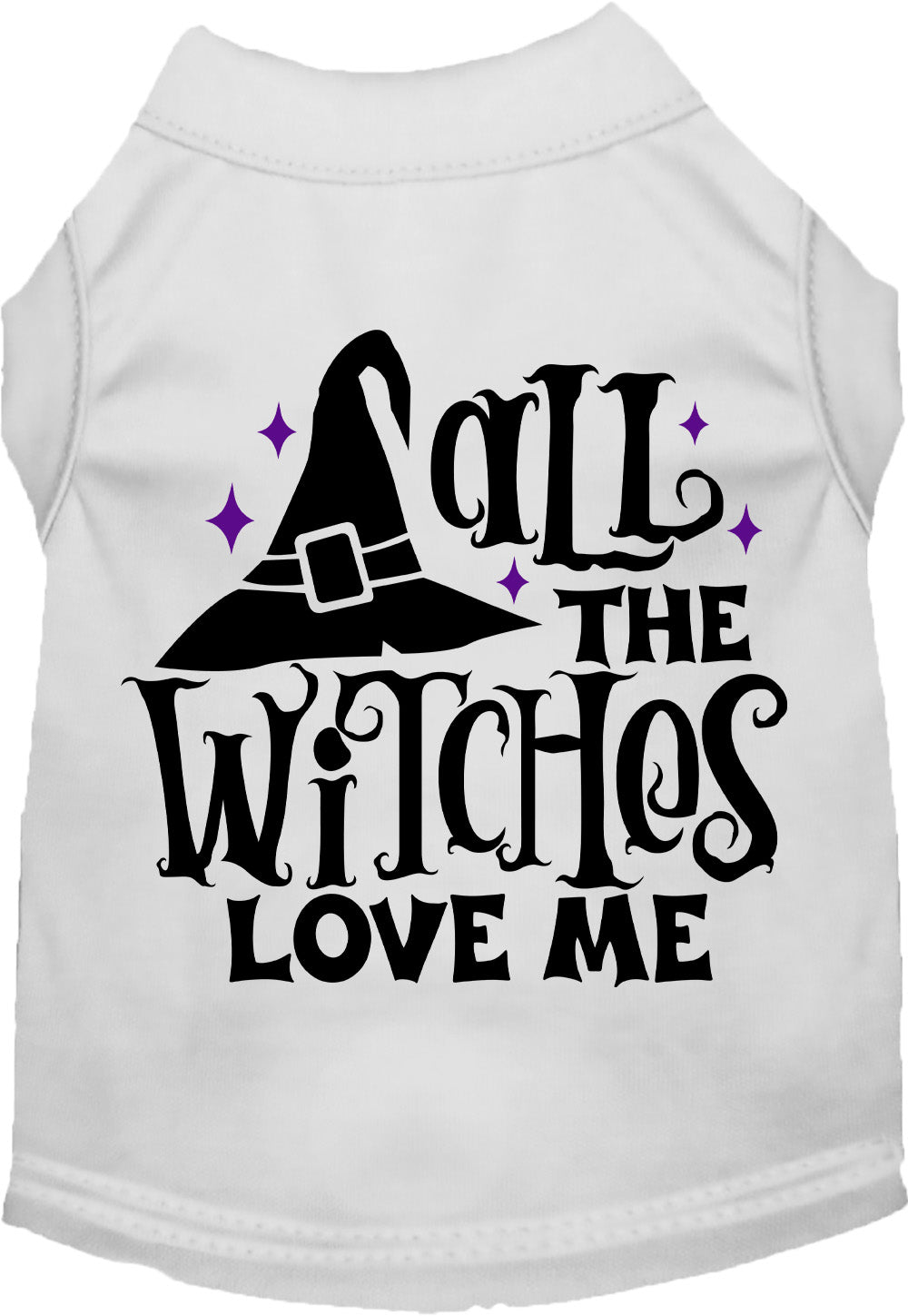White pet shirt with 'All the Witches Love Me' design