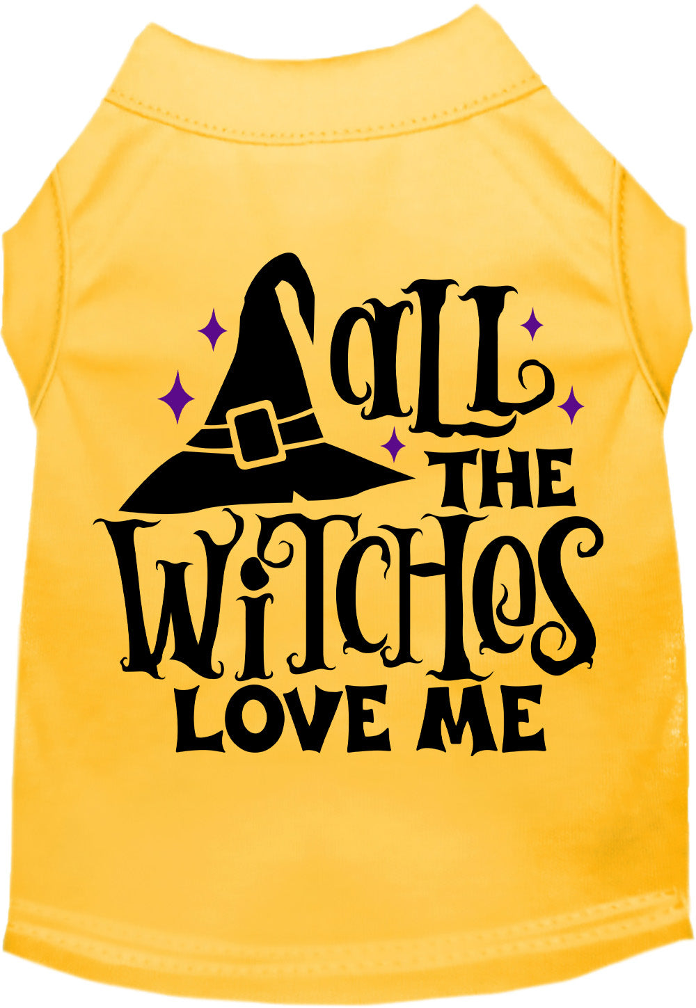 Yellow pet shirt with 'All the Witches Love Me' design