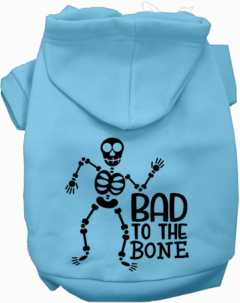 Light blue Bad to the Bone pet hoodie with skeleton design