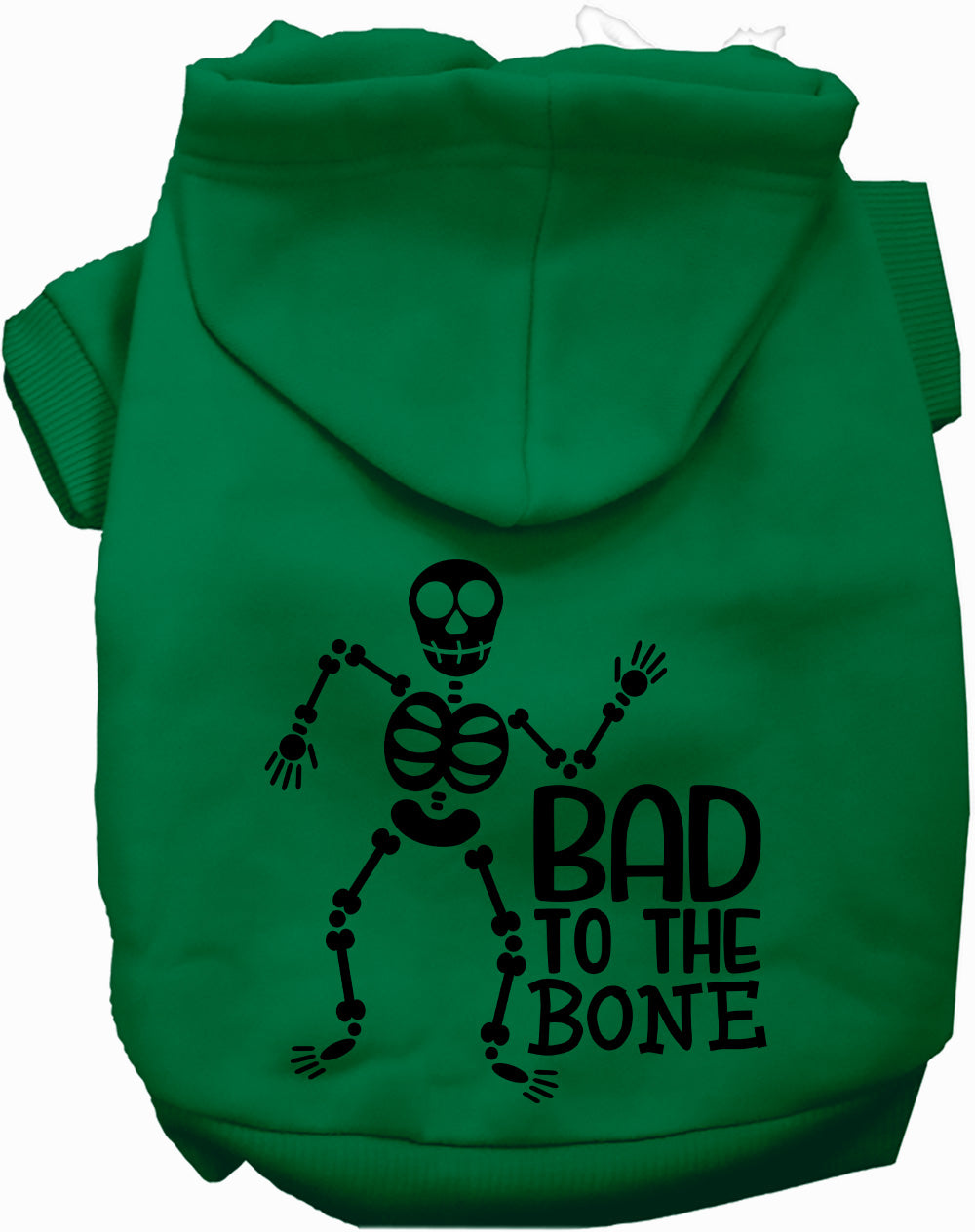 Green Bad to the Bone pet hoodie with skeleton design