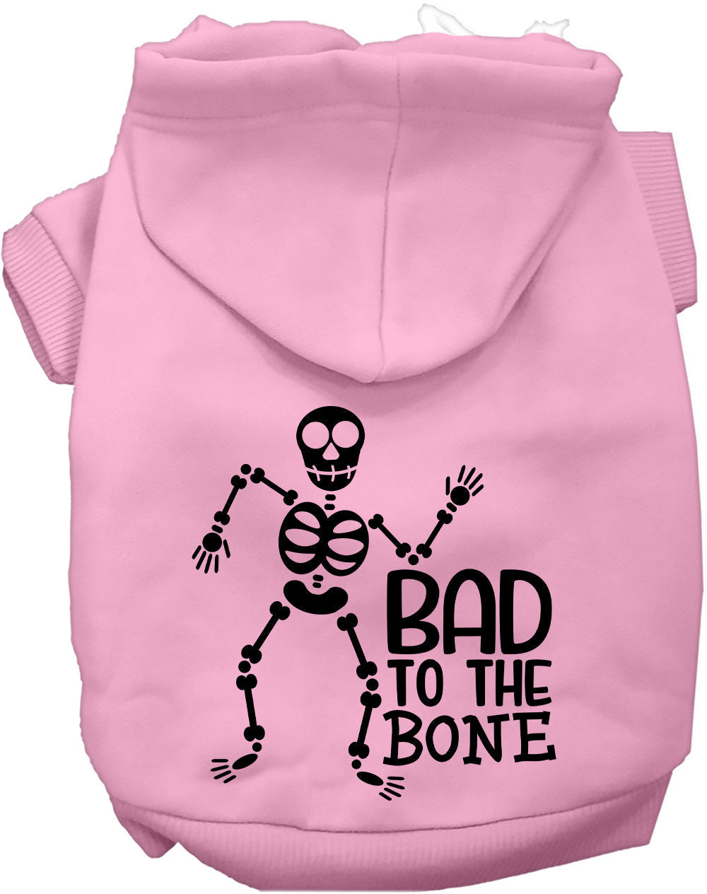 Light pink Bad to the Bone pet hoodie with skeleton design