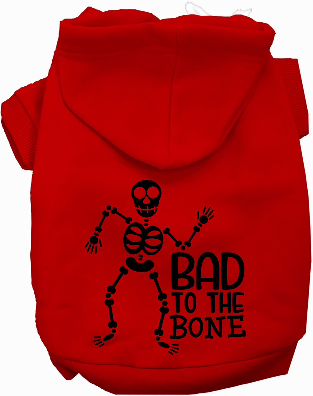 Red Bad to the Bone pet hoodie with skeleton design