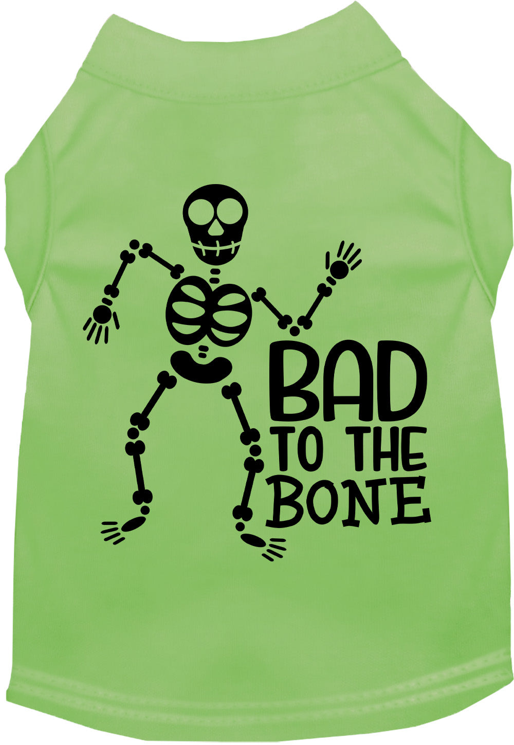 Green Bad to the Bone pet shirt with skeleton design