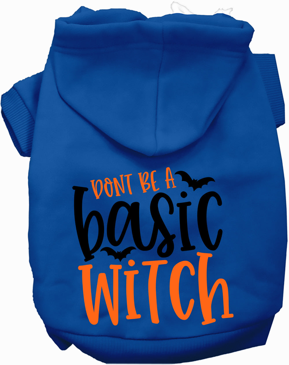 Dark blue pet hoodie with 'Don't Be a Basic Witch' design