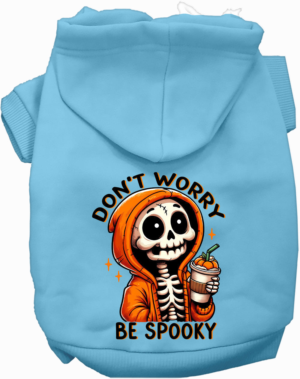 Light blue spooky pet hoodie with skeleton design