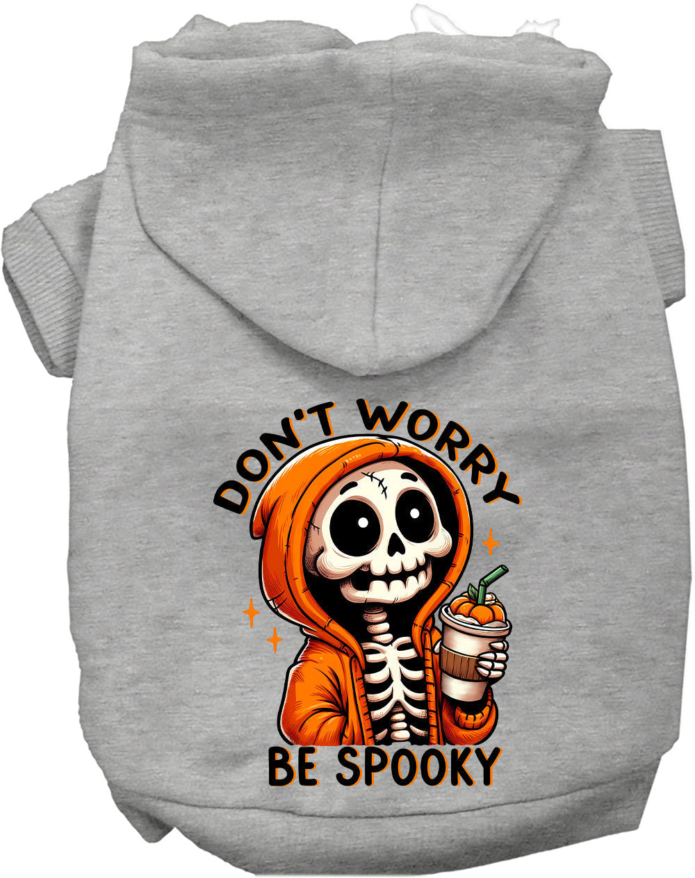 Gray spooky pet hoodie with skeleton design