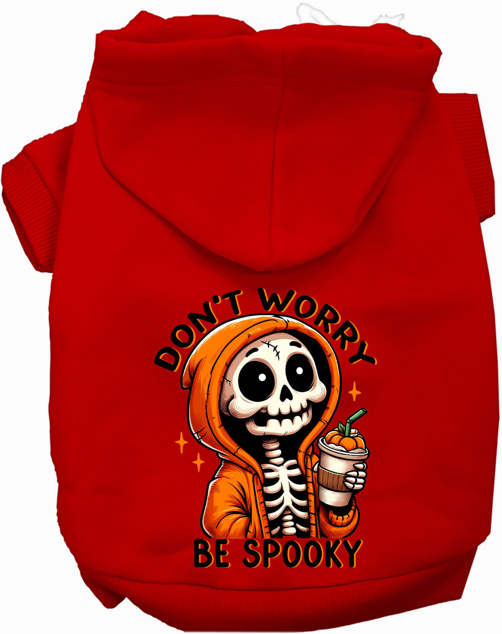 Red spooky pet hoodie with skeleton design