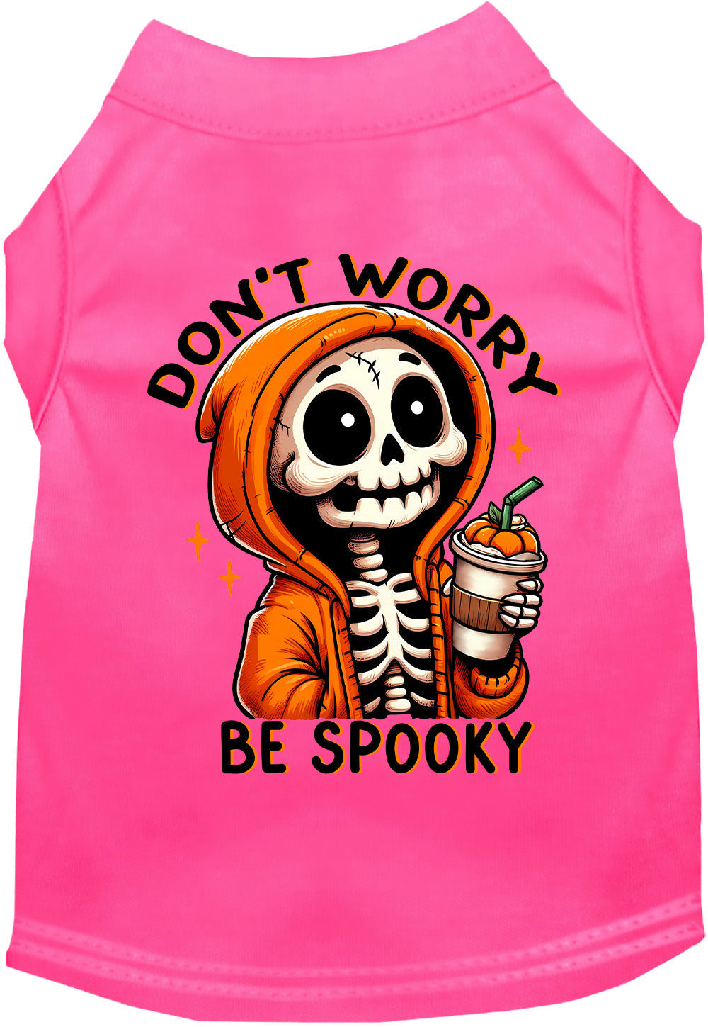 Pink Don't Worry, Be Spooky pet shirt with skeleton design