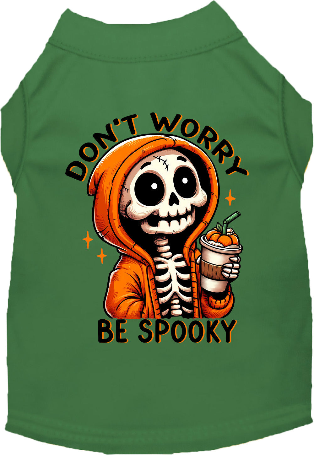 Green Don't Worry, Be Spooky pet shirt with skeleton design