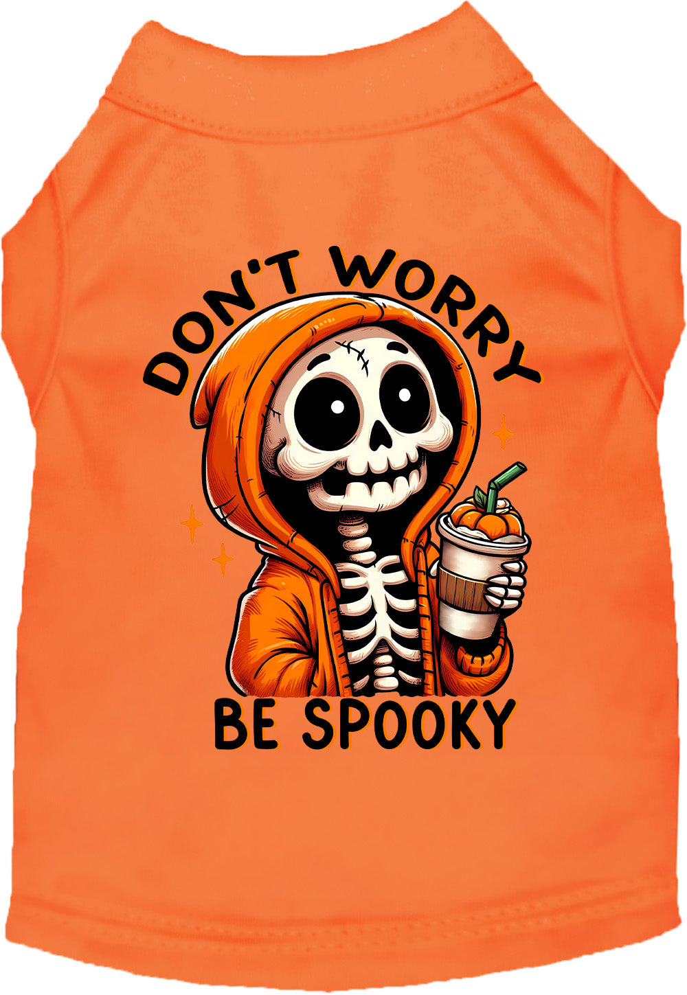 Orange Don't Worry, Be Spooky pet shirt with skeleton design
