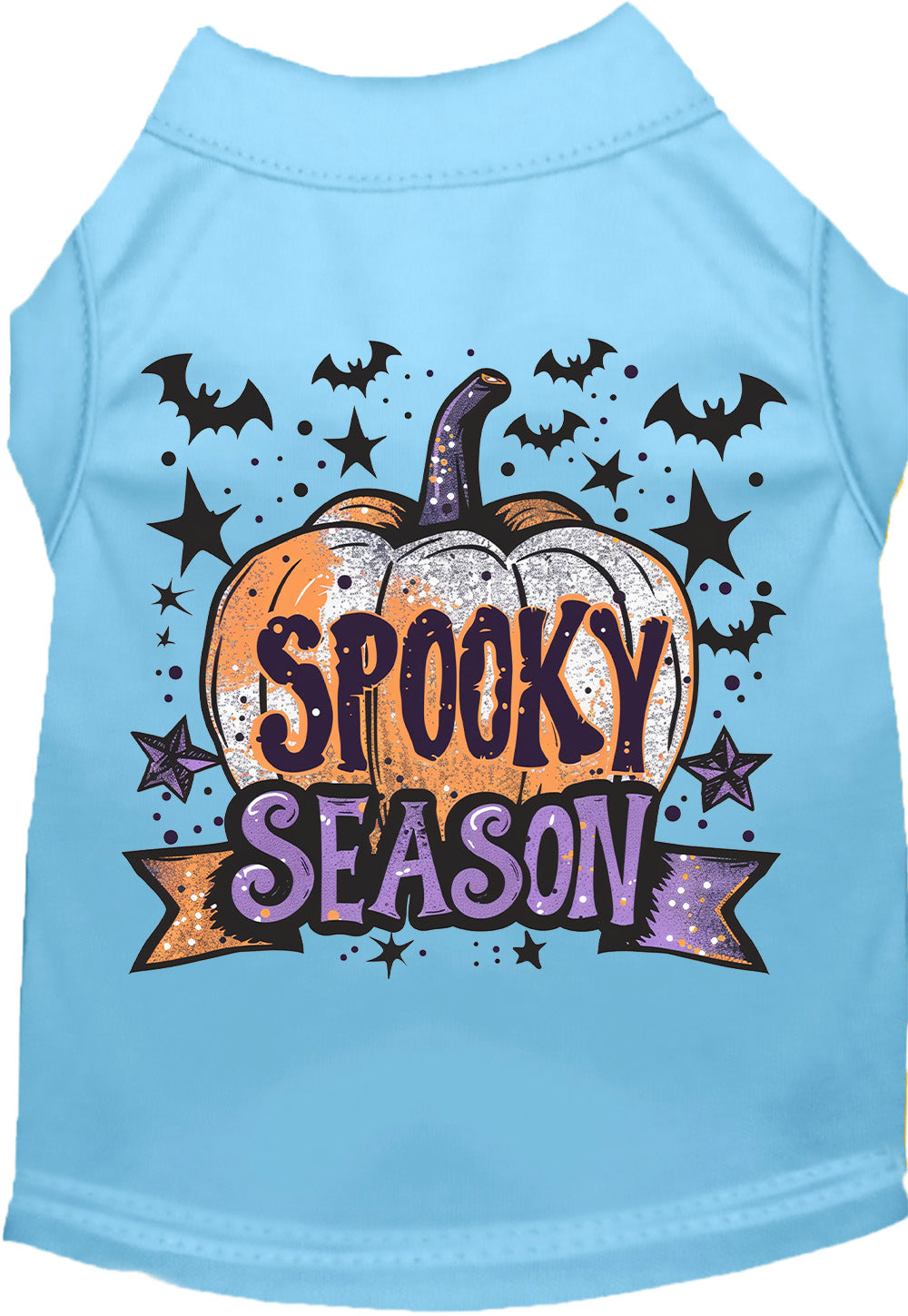 Light blue Batty Spooky Season pet shirt with pumpkin design