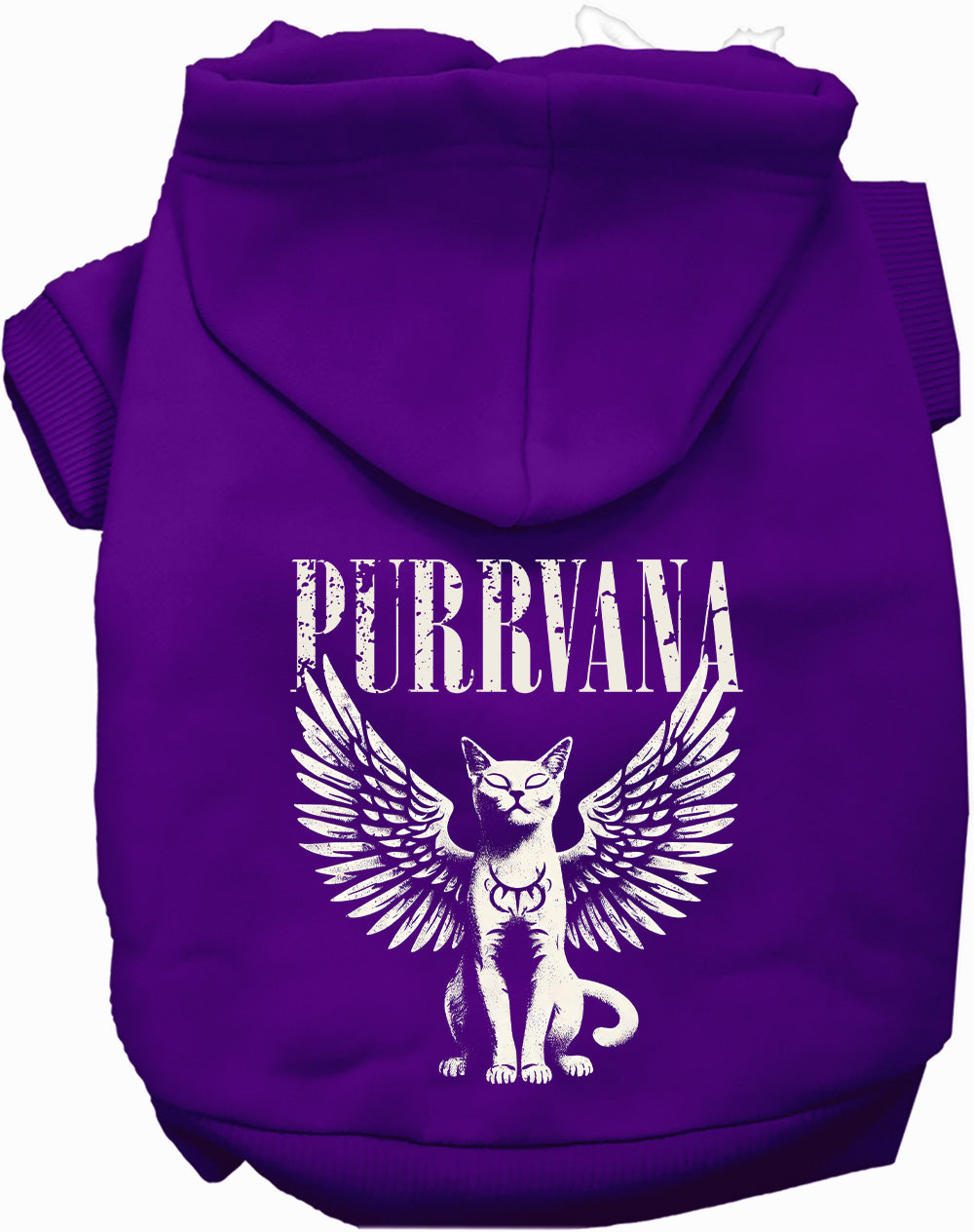 Purple Purrvana pet hoodie with winged cat design