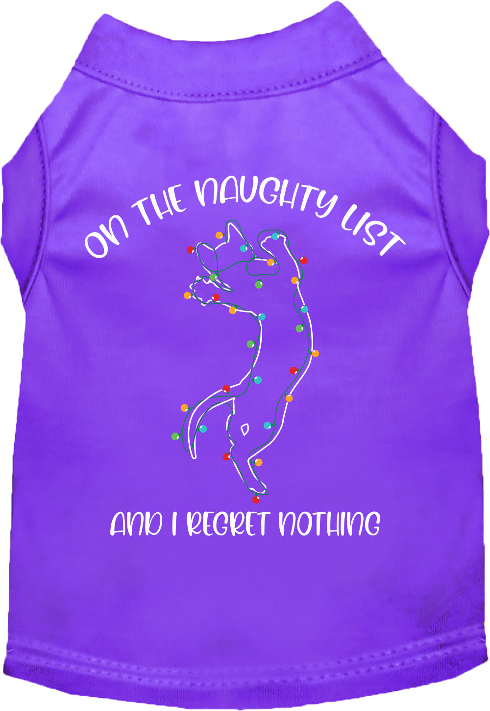 Purple pet shirt with 'On the Naughty List' design