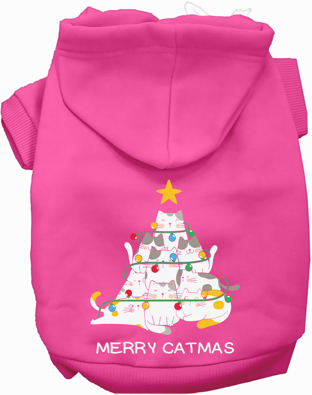 Pink Merry Catmas pet hoodie with cat tree design