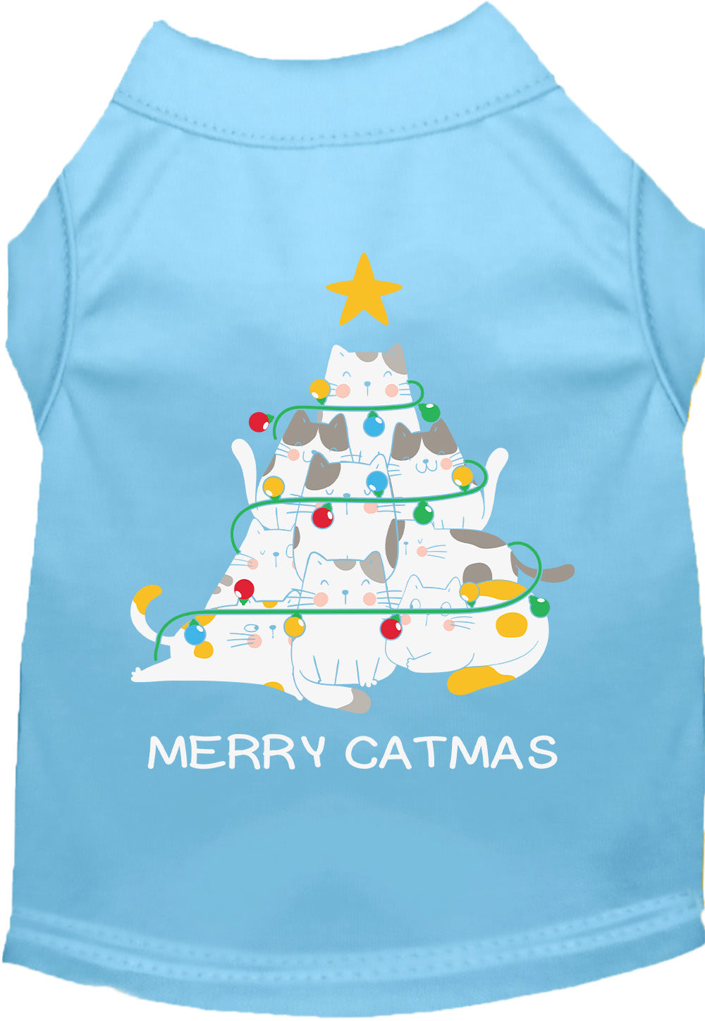 Light blue Merry Catmas pet shirt with cat tree design