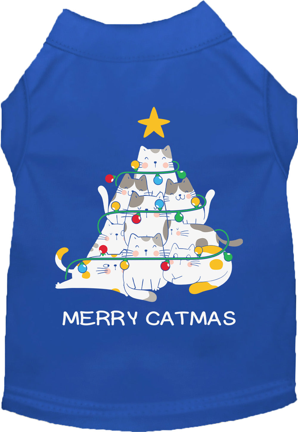 Royal blue Merry Catmas pet shirt with cat tree design