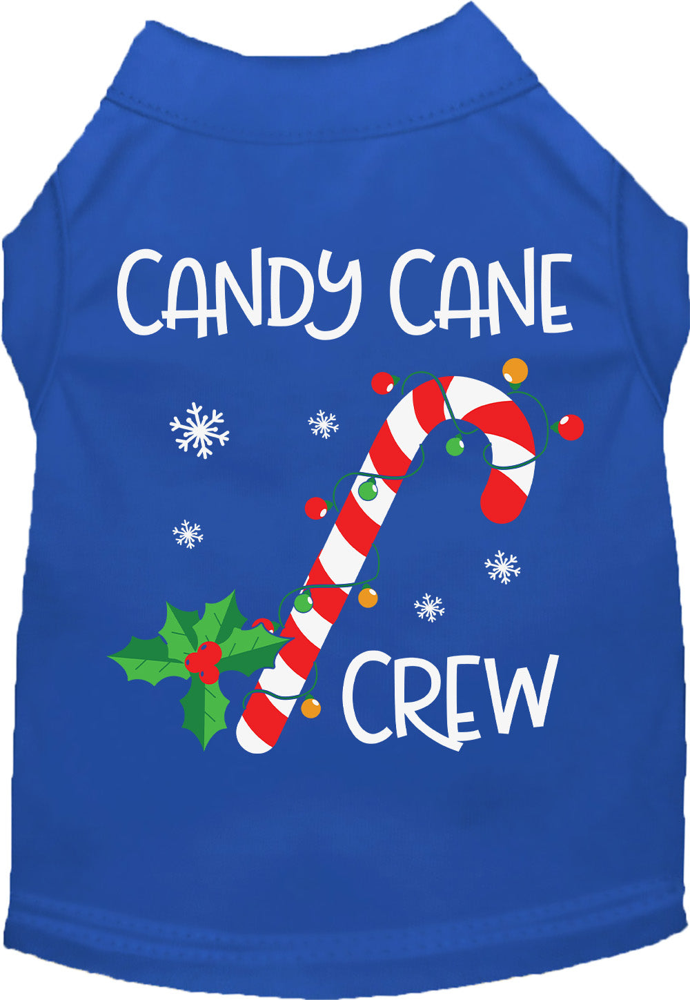 Blue Candy Cane Crew pet shirt with holiday theme