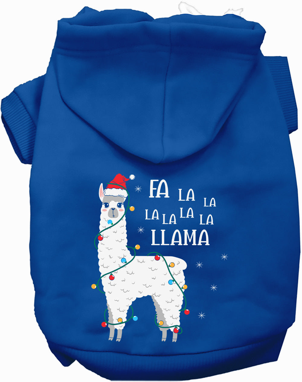 Blue Falalala Llama Pet Hoodie with festive design