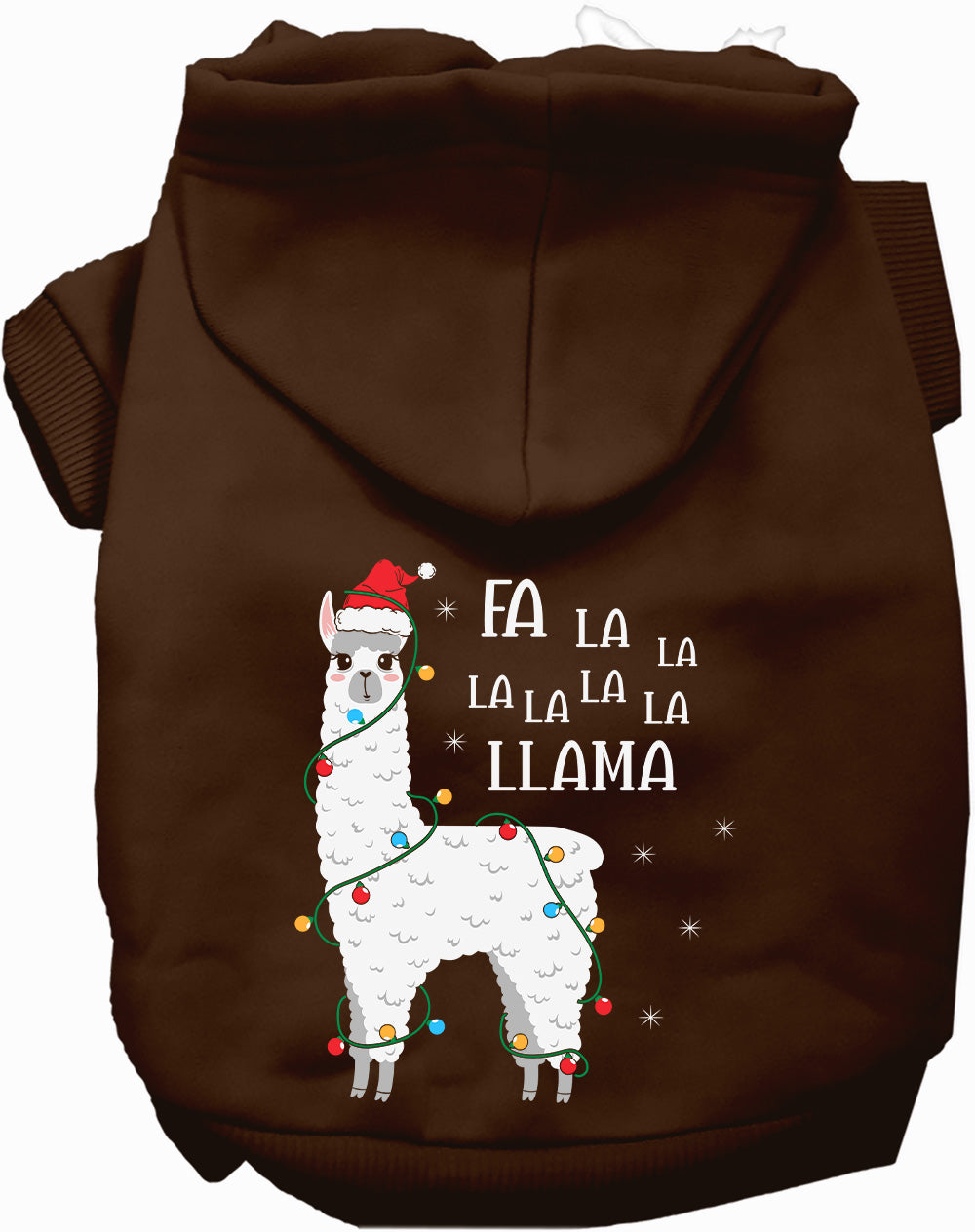 Brown Falalala Llama Pet Hoodie with festive design