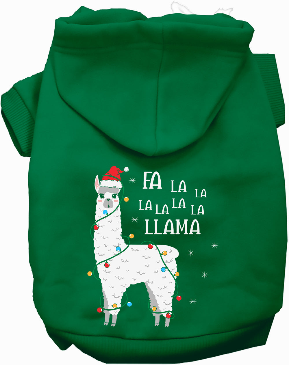 Green Falalala Llama Pet Hoodie with festive design