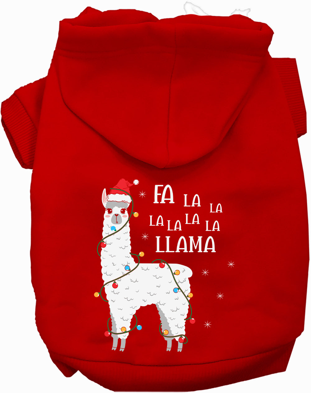 Red Falalala Llama Pet Hoodie with festive design
