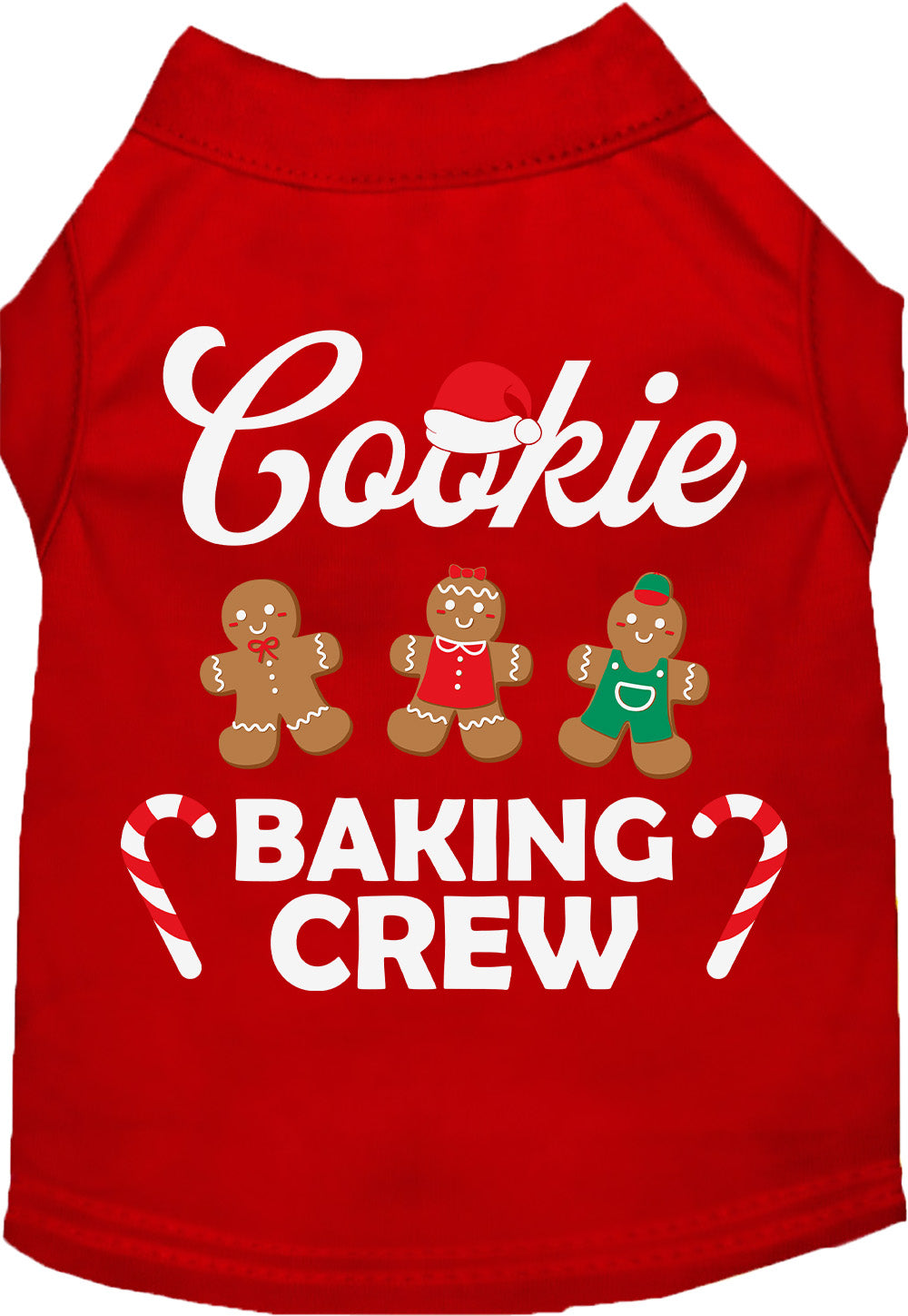 Red Cookie Baking Crew pet shirt with gingerbread design