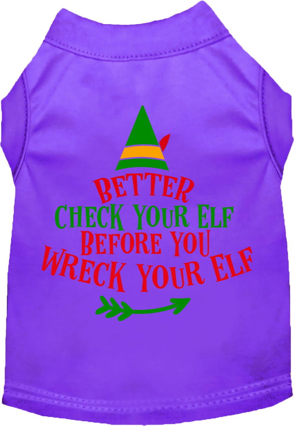 Purple Check Your Elf pet shirt with festive design