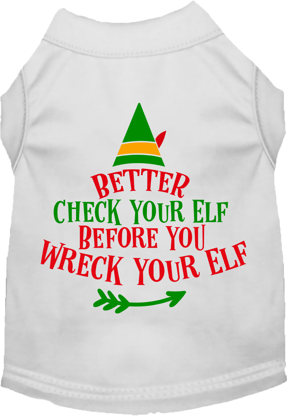 White Check Your Elf pet shirt with festive design