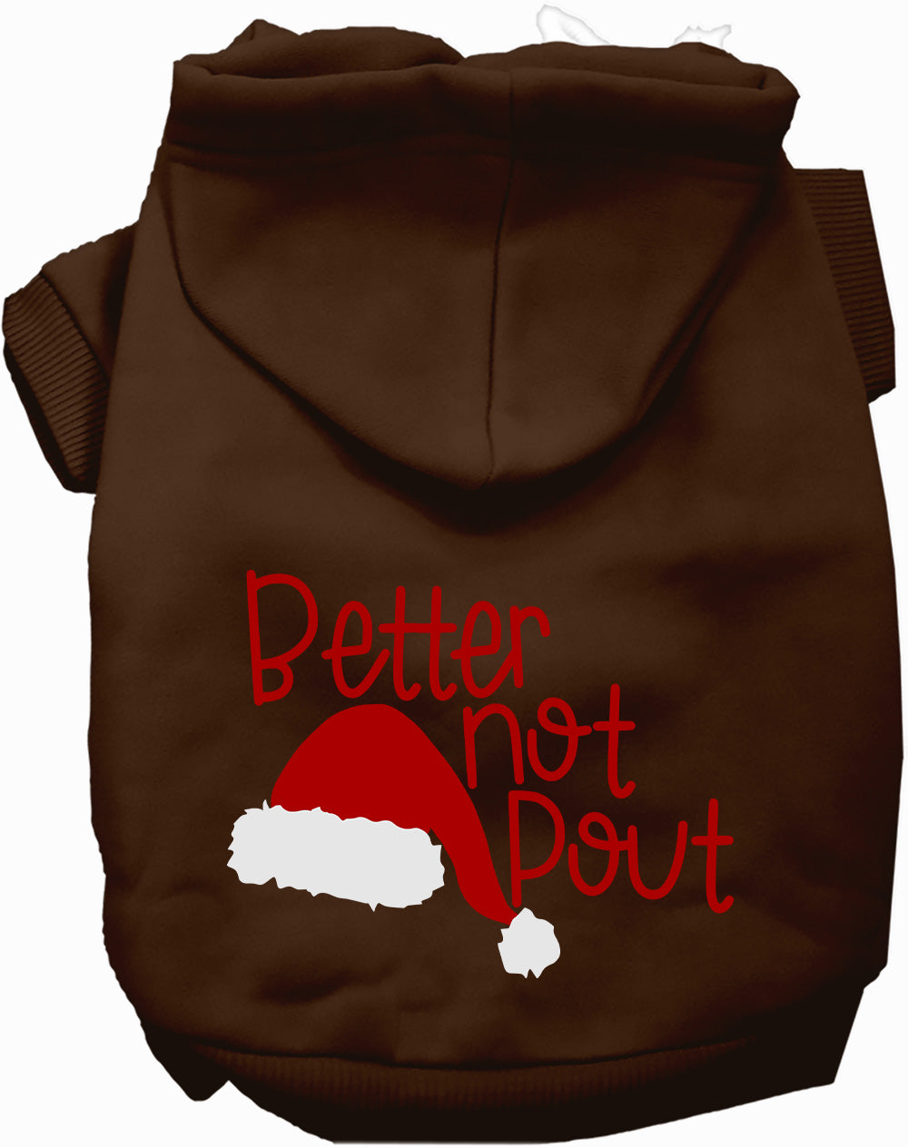 Brown Better Not Pout pet hoodie with Santa hat design