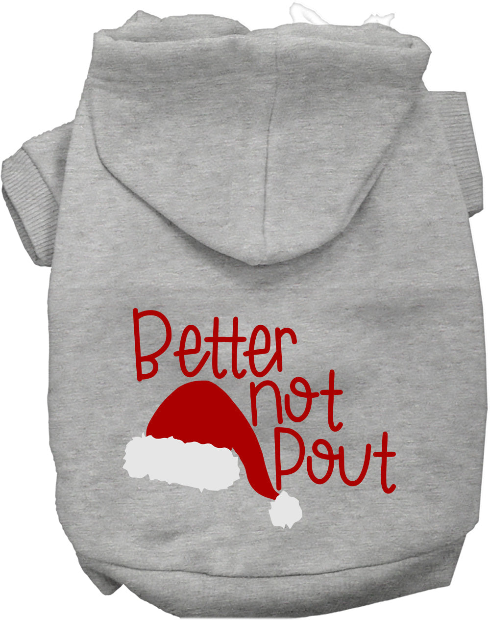 Gray Better Not Pout pet hoodie with Santa hat design