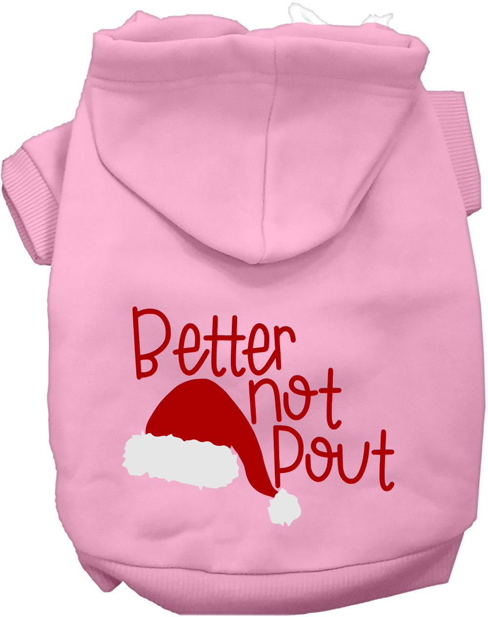 Light pink Better Not Pout pet hoodie with Santa hat design